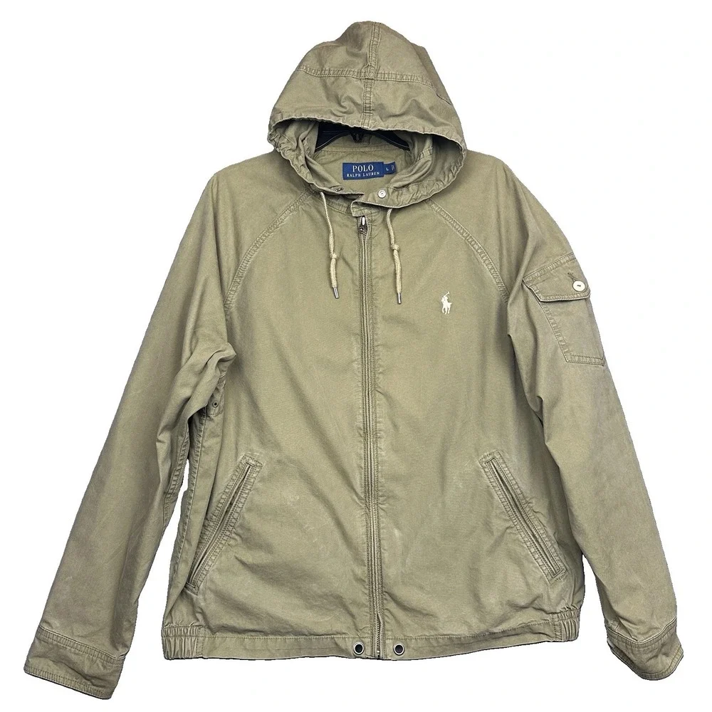 Polo Ralph Lauren Utility Jacket Mens Large Army Green Hooded Full Zip Pony Logo
